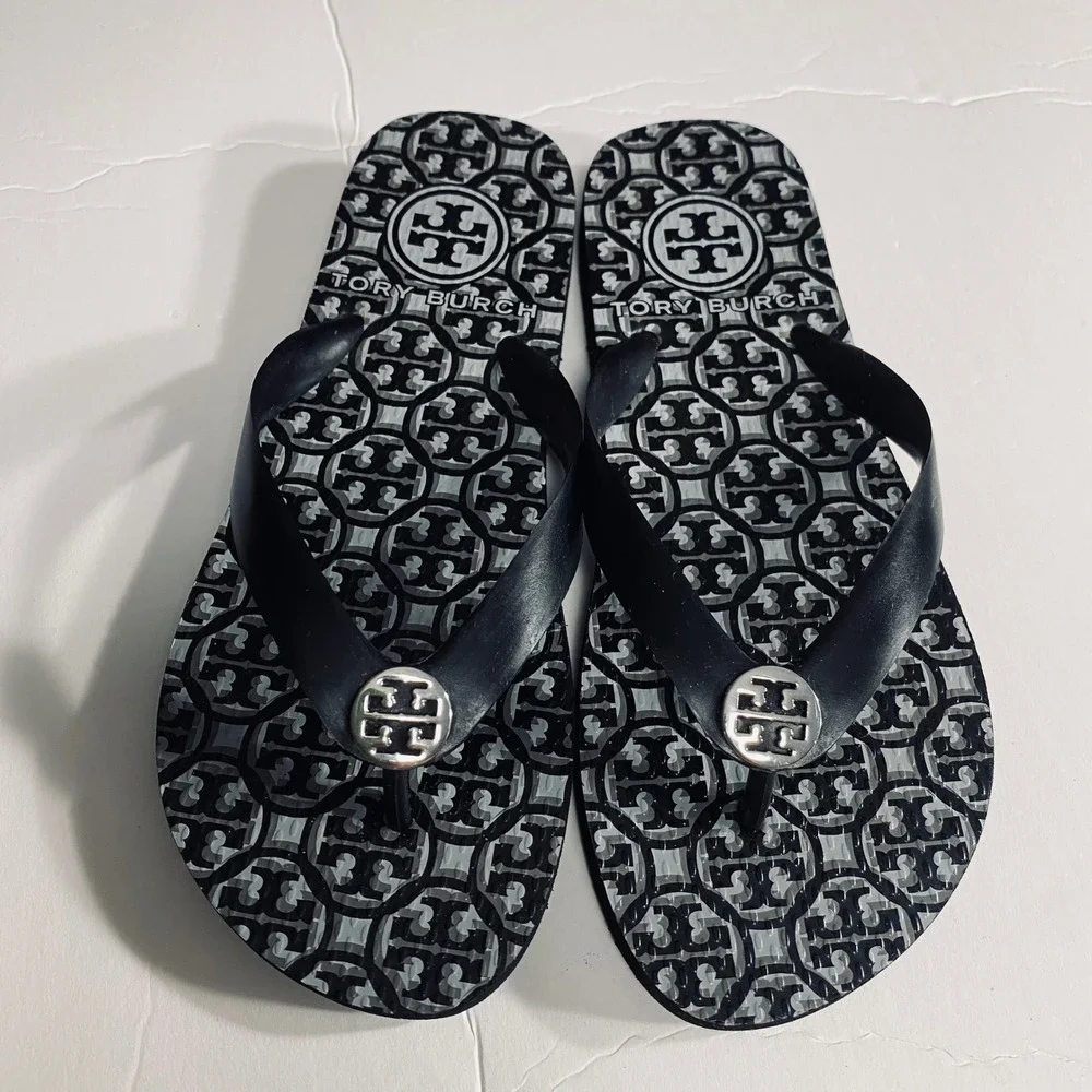 Tory Burch TB Logo Thong Flip Flop wSandals Lattice Black White Size Small (5/6)